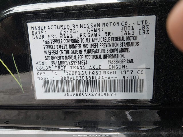Продаж на аукціоні авто 2025 Nissan Sentra Sv, vin: 3N1AB8CVXSY314674, номер лоту: 44956278