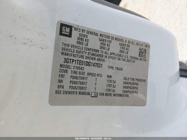 2013 Gmc Sierra 1500 Work Truck მანქანა იყიდება აუქციონზე, vin: 3GTP1TE01DG147631, აუქციონის ნომერი: 44956279