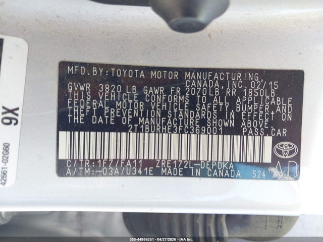 Продаж на аукціоні авто 2015 Toyota Corolla L, vin: 2T1BURHE3FC369001, номер лоту: 44956281