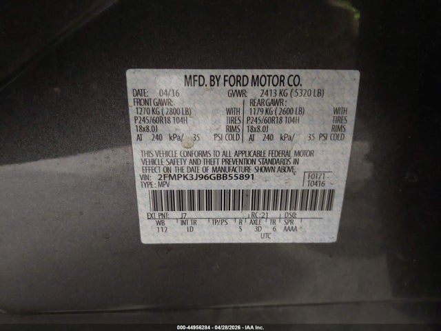 44956284 :رقم المزاد ، 2FMPK3J96GBB55891 vin ، 2016 Ford Edge Sel مزاد بيع