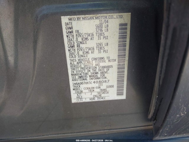 Продаж на аукціоні авто 2005 Nissan Frontier Nismo Off Road, vin: 1N6AD07UX5C408087, номер лоту: 44956285