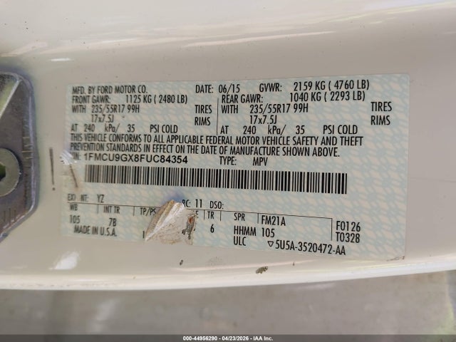 Продаж на аукціоні авто 2015 Ford Escape Se, vin: 1FMCU9GX8FUC84354, номер лоту: 44956290