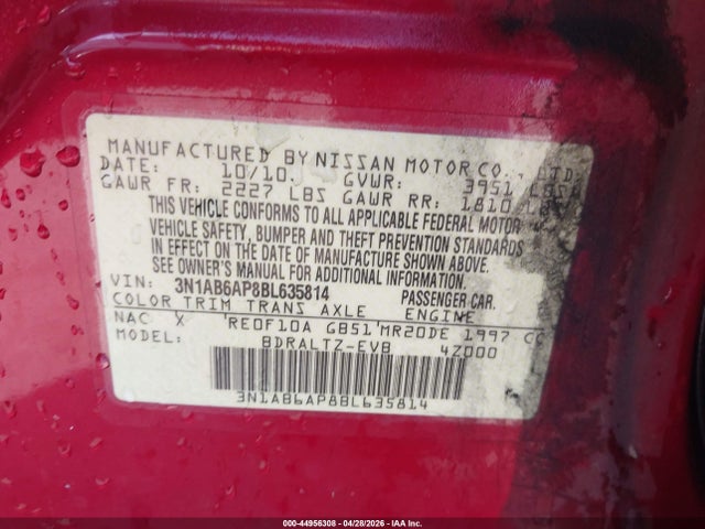 44956308 :رقم المزاد ، 3N1AB6AP8BL635814 vin ، 2011 Nissan Sentra 2.0s مزاد بيع