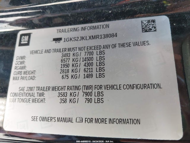 44956315 :رقم المزاد ، 1GKS2JKLXMR138084 vin ، 2021 Gmc Yukon Xl 4wd Denali مزاد بيع