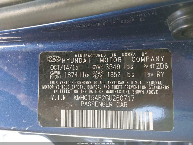Aukcja sprzedaży 2016 Hyundai Accent Se, vin: KMHCT5AE2GU260717, numer aukcji: 44956318