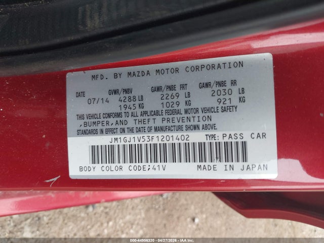 Auction sale of the 2015 Mazda Mazda6 I Touring, vin: JM1GJ1V53F1201402, lot number: 44956320