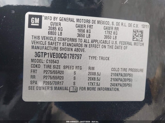 Продаж на аукціоні авто 2012 Gmc Sierra 1500 Sle, vin: 3GTP1VE00CG178797, номер лоту: 44956321