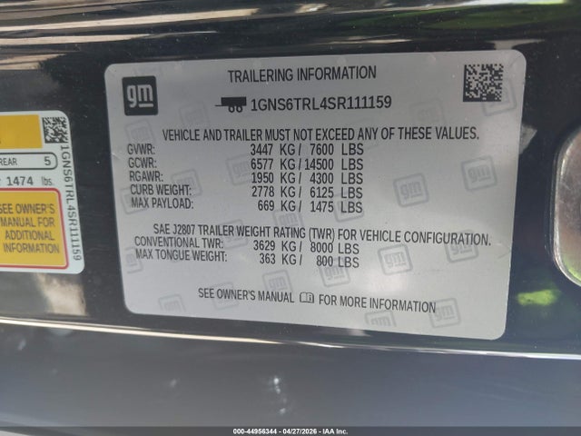 Продажа на аукционе авто 2025 Chevrolet Tahoe 4wd High Country, vin: 1GNS6TRL4SR111159, номер лота: 44956344