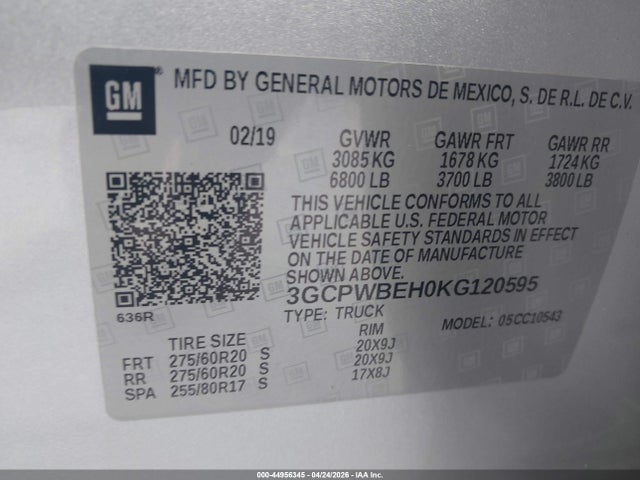 Aukcja sprzedaży 2019 Chevrolet Silverado 1500 Custom, vin: 3GCPWBEH0KG120595, numer aukcji: 44956345