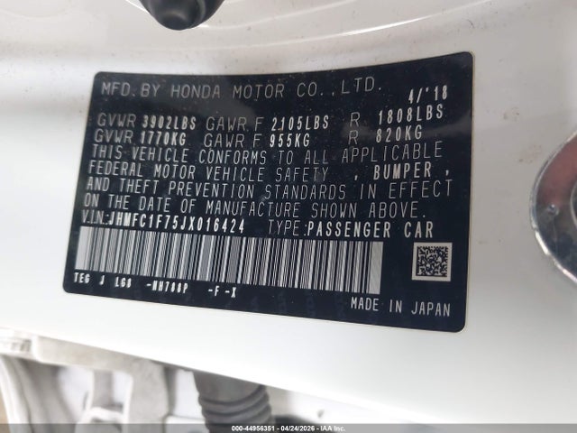 Honda Civic Ex-l 2018 JHMFC1F75JX016424 Image 9