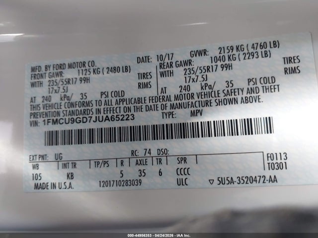 1FMCU9GD7JUA65223 Ford ESCAPE SE