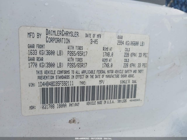 44956352 :رقم المزاد ، 1D4HB48D35F592111 vin ، 2005 Dodge Durango Slt مزاد بيع