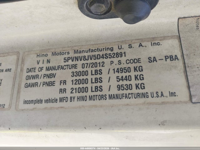 Продаж на аукціоні авто 2013 Hino Hino 338, vin: 5PVNV8JV5D4S52891, номер лоту: 44956374