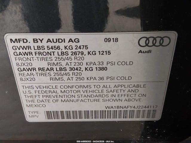 2018 Audi Q5 2.0t Premium/2.0t Tech Premium მანქანა იყიდება აუქციონზე, vin: WA1BNAFY4J2244117, აუქციონის ნომერი: 44956383