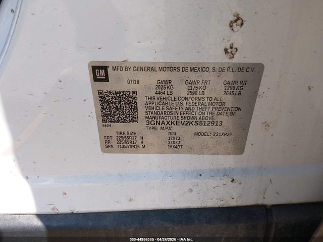 Продаж на аукціоні авто 2019 Chevrolet Equinox Lt, vin: 3GNAXKEV2KS512913, номер лоту: 44956385