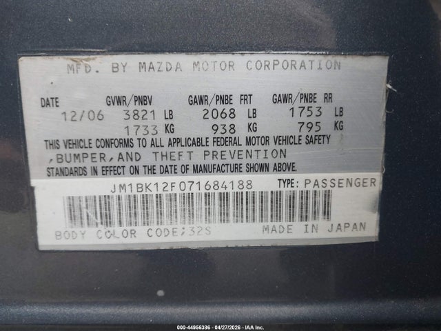 Продажа на аукционе авто 2007 Mazda Mazda3 I Touring, vin: JM1BK12F071684188, номер лота: 44956386