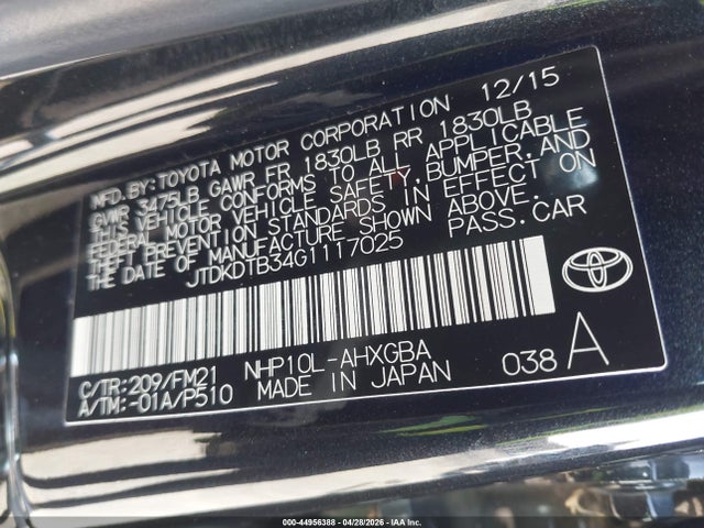 JTDKDTB34G1117025 Toyota Prius C Three