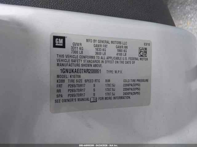 Aukcja sprzedaży 2010 Chevrolet Tahoe Ls, vin: 1GNUKAE07AR208861, numer aukcji: 44956399