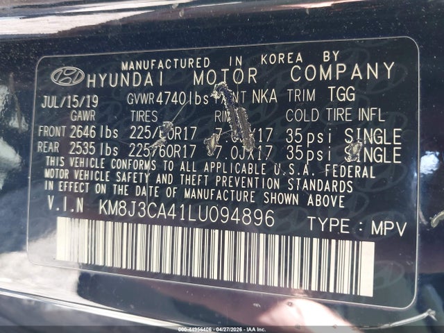 2020 Hyundai Tucson Value მანქანა იყიდება აუქციონზე, vin: KM8J3CA41LU094896, აუქციონის ნომერი: 44956406