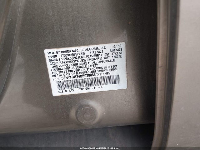 Aukcja sprzedaży 2011 Honda Pilot Lx, vin: 5FNYF3H24BB028056, numer aukcji: 44956417