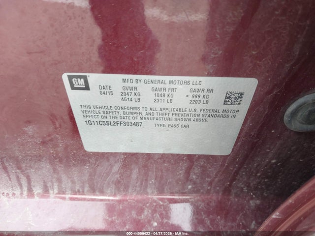 Продаж на аукціоні авто 2015 Chevrolet Malibu 1lt, vin: 1G11C5SL2FF303487, номер лоту: 44956422
