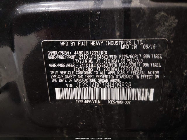 2016 Subaru Forester 2.5i მანქანა იყიდება აუქციონზე, vin: JF2SJABC7GH409838, აუქციონის ნომერი: 44956425