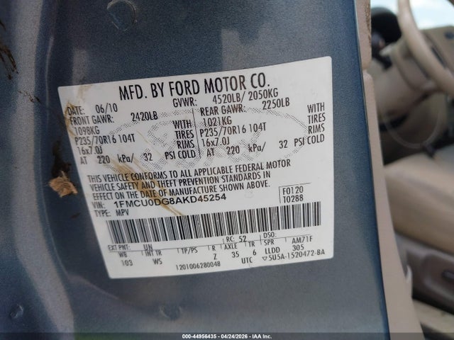 Продажа на аукционе авто 2010 Ford Escape Xlt, vin: 1FMCU0DG8AKD45254, номер лота: 44956435