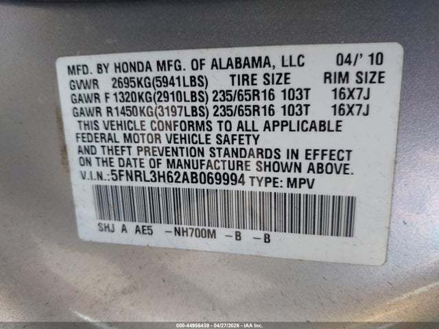 Продаж на аукціоні авто 2010 Honda Odyssey Ex-l, vin: 5FNRL3H62AB069994, номер лоту: 44956439