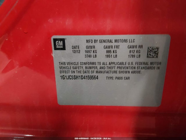 44956445 :رقم المزاد ، 1G1JC5SH1D4159564 vin ، 2013 Chevrolet Sonic Lt Auto مزاد بيع