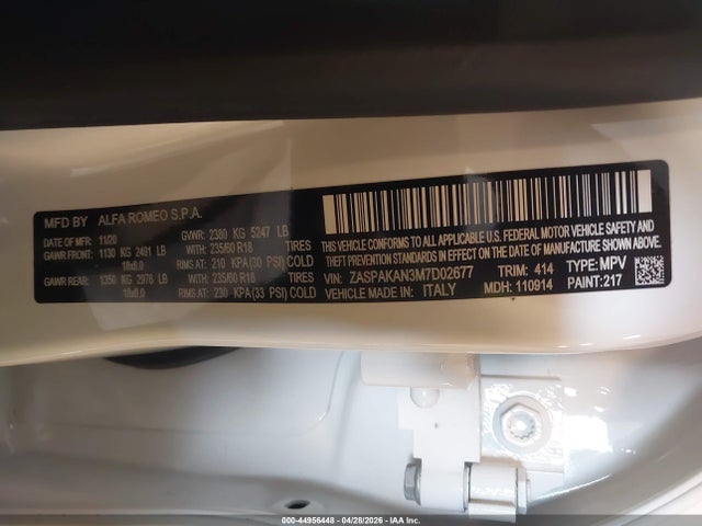 2021 Alfa Romeo Stelvio Awd მანქანა იყიდება აუქციონზე, vin: ZASPAKAN3M7D02677, აუქციონის ნომერი: 44956448