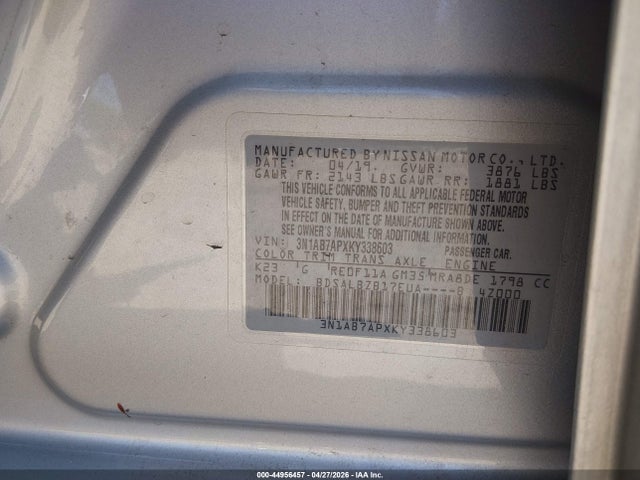 Aukcja sprzedaży 2019 Nissan Sentra S, vin: 3N1AB7APXKY338603, numer aukcji: 44956457