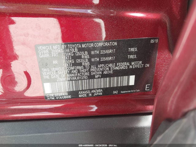 44956465 :رقم المزاد ، JTMW1RFV6KJ013783 vin ، 2019 Toyota Rav4 Xle مزاد بيع