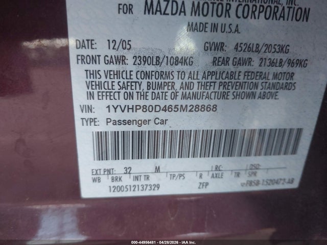 44956481 :رقم المزاد ، 1YVHP80D465M28868 vin ، 2006 Mazda Mazda6 S مزاد بيع