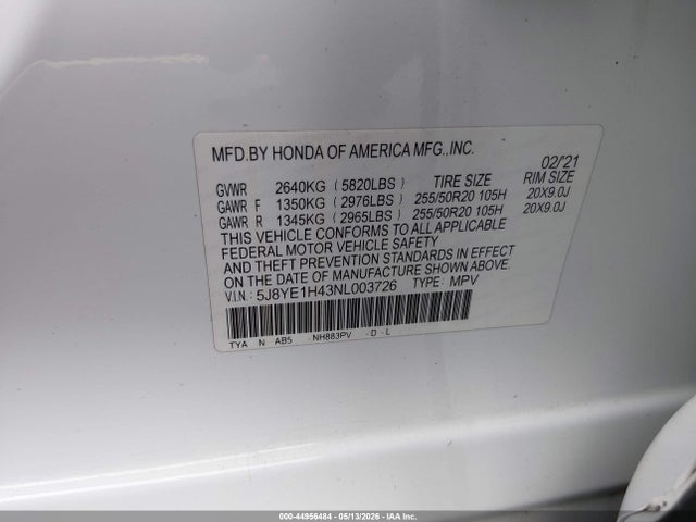 2022 Acura Mdx Technology Package მანქანა იყიდება აუქციონზე, vin: 5J8YE1H43NL003726, აუქციონის ნომერი: 44956484