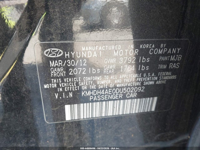 Aukcja sprzedaży 2013 Hyundai Elantra Gls/limited, vin: KMHDH4AE0DU502092, numer aukcji: 44956496