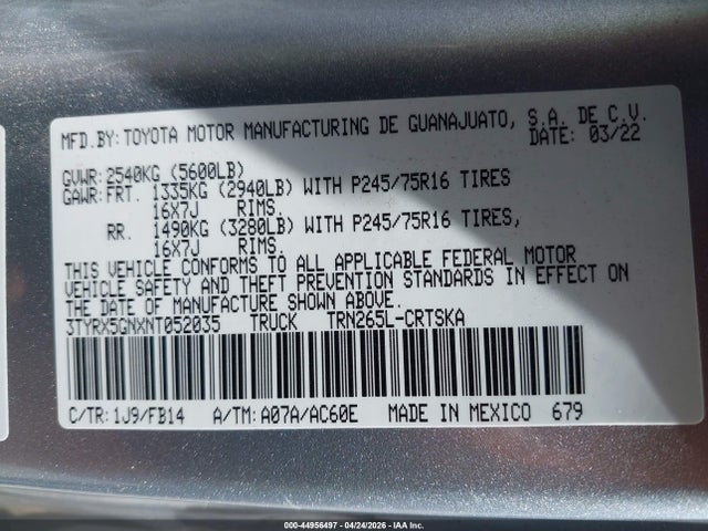2022 Toyota Tacoma Sr მანქანა იყიდება აუქციონზე, vin: 3TYRX5GNXNT052035, აუქციონის ნომერი: 44956497