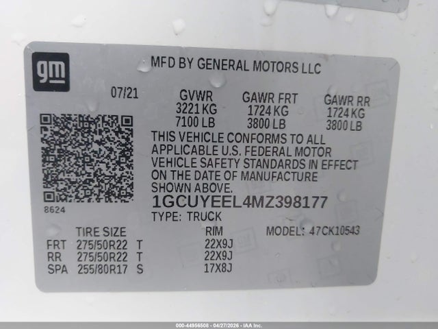 Продажа на аукционе авто 2021 Chevrolet Silverado 1500 4wd  Short Bed Rst, vin: 1GCUYEEL4MZ398177, номер лота: 44956508