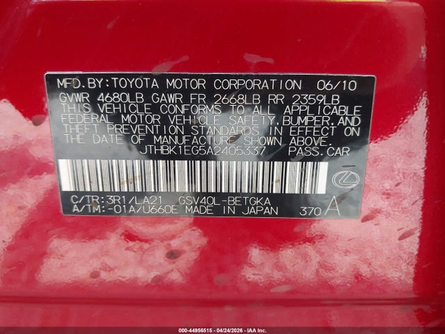 Aukcja sprzedaży 2010 Lexus Es 350, vin: JTHBK1EG5A2405337, numer aukcji: 44956515