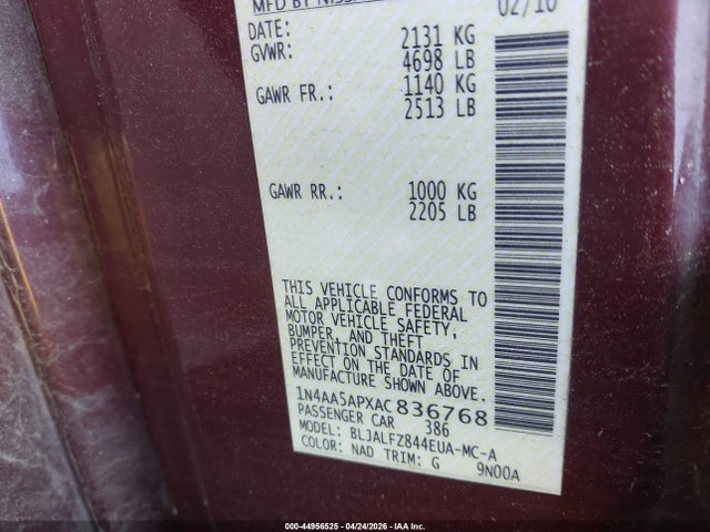 44956525 :رقم المزاد ، 1N4AA5APXAC836768 vin ، 2010 Nissan Maxima 3.5 Sv مزاد بيع