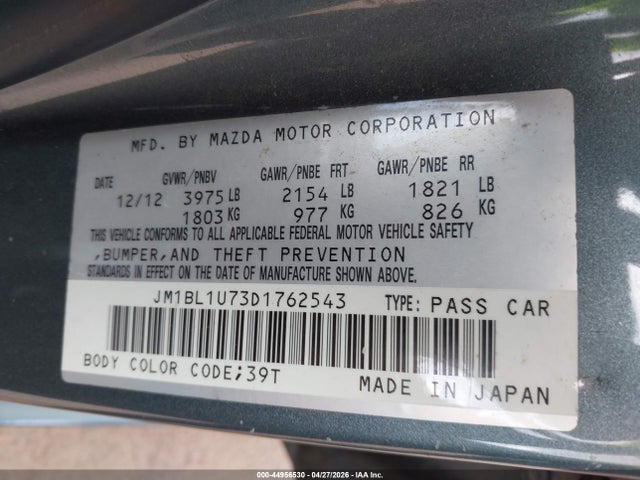 44956530 :رقم المزاد ، JM1BL1U73D1762543 vin ، 2013 Mazda Mazda3 I Sport مزاد بيع