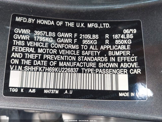 Продажа на аукционе авто 2019 Honda Civic Ex, vin: SHHFK7H69KU226837, номер лота: 44956546