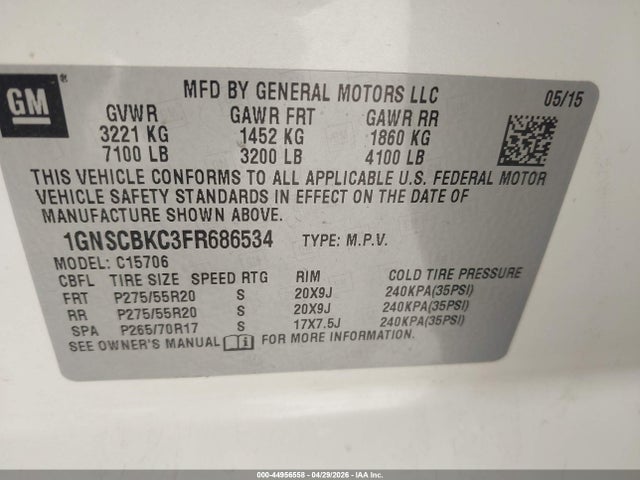 Aukcja sprzedaży 2015 Chevrolet Tahoe Lt, vin: 1GNSCBKC3FR686534, numer aukcji: 44956558