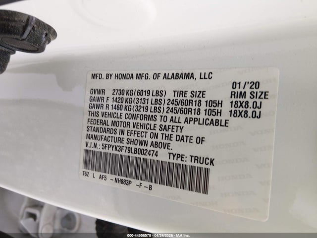 Продаж на аукціоні авто 2020 Honda Ridgeline Rtl-e, vin: 5FPYK3F79LB002474, номер лоту: 44956578