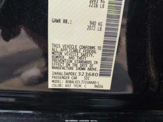 2014 Nissan Altima 2.5 Sl მანქანა იყიდება აუქციონზე, vin: 1N4AL3AP0EC323680, აუქციონის ნომერი: 44956585