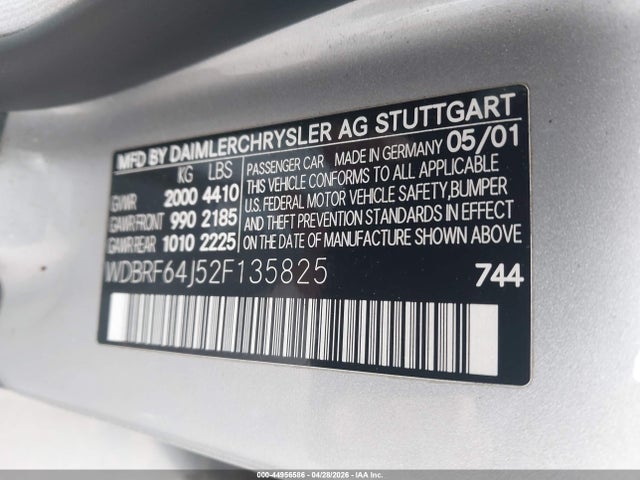 44956586 :رقم المزاد ، WDBRF64J52F135825 vin ، 2002 Mercedes-benz C 320 مزاد بيع