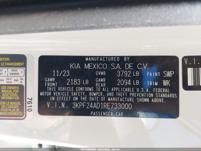 44956588 :رقم المزاد ، 3KPF24AD1RE733000 vin ، 2024 Kia Forte Lxs مزاد بيع