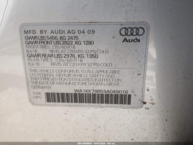 2009 Audi Q5 3.2 Premium მანქანა იყიდება აუქციონზე, vin: WA1KK78R59A049016, აუქციონის ნომერი: 44956603