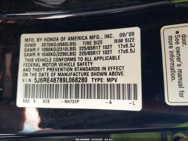 44956609 :رقم المزاد ، 5J6RE48789L068280 vin ، 2009 Honda Cr-v Ex-l مزاد بيع