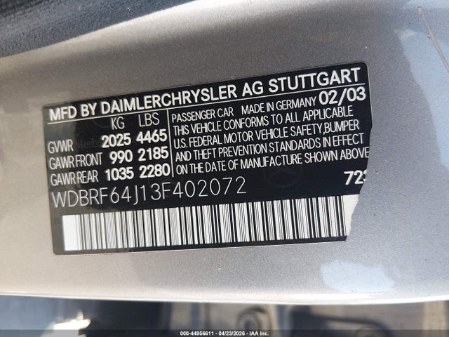 Продажа на аукционе авто 2003 Mercedes-benz C 320 Sport, vin: WDBRF64J13F402072, номер лота: 44956611