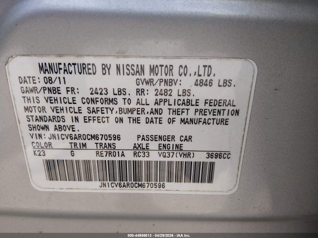 44956613 :رقم المزاد ، JN1CV6AR0CM670596 vin ، 2012 Infiniti G37x مزاد بيع